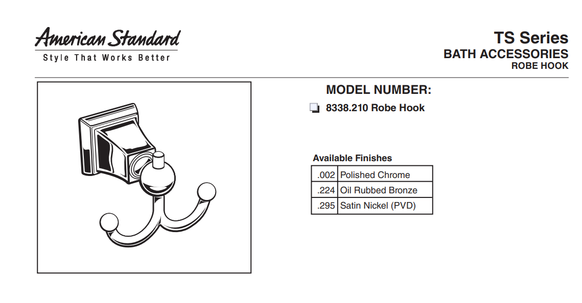 American Standard 8338210.295 TS Series Double Robe Hook, Brushed